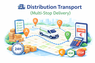 Distribution transport with multiple delivery stops on one route, showing multi-stop logistics and flexible pricing